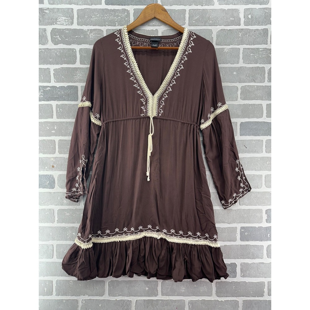 Moda International Brown Boho Embroidered Mini Dress V-Neck Ruffle Hem Tunic